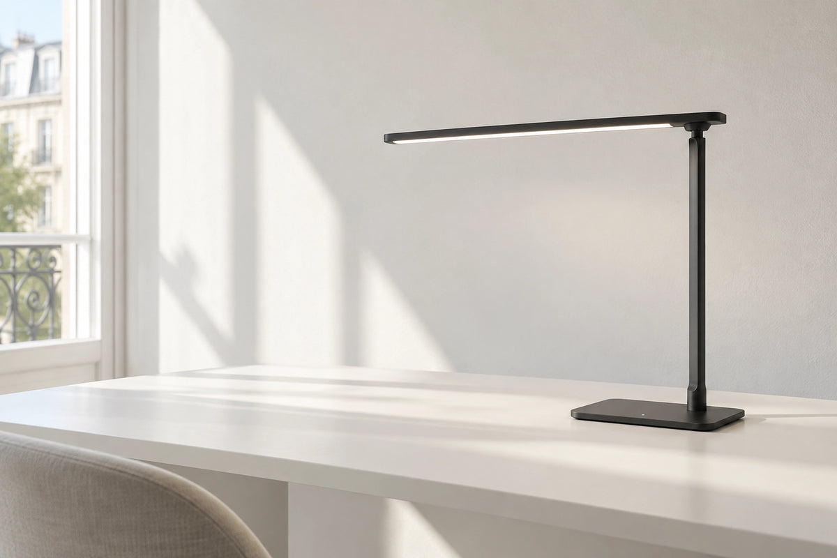 Lampe de bureau LED dans un bureau lumineux, sous une lumière naturelle