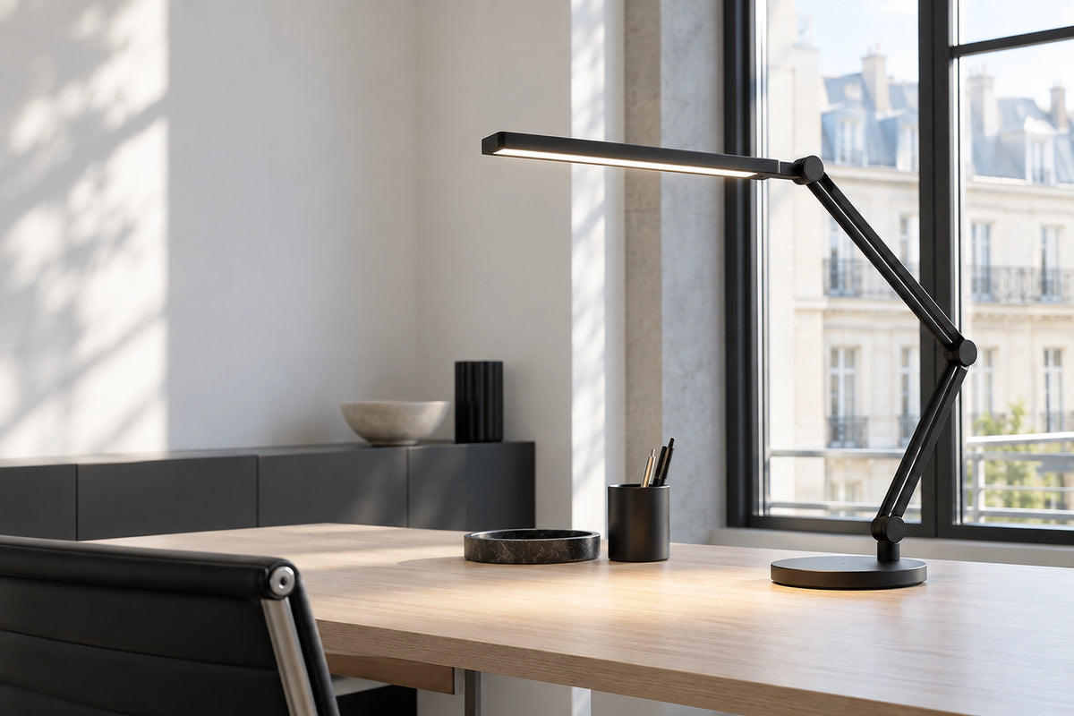 Lampe de bureau dans un bureau lumineux, sous une lumière naturelle Image