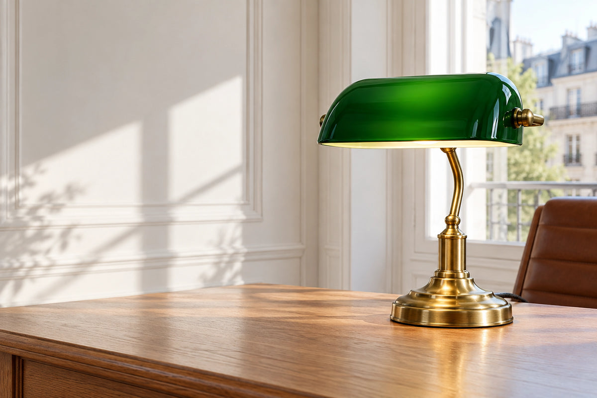 Lampe de bureau vintage dans un bureau lumineux, sous une lumière naturelle