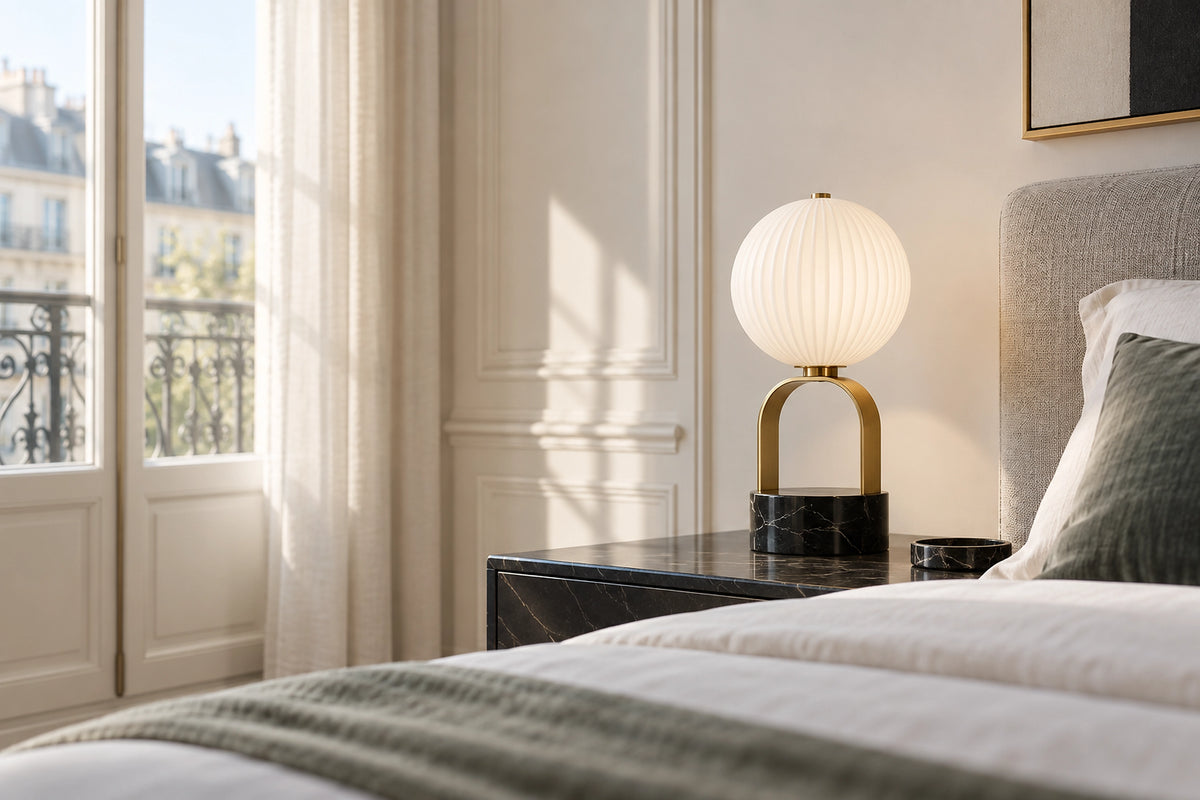 Lampe de chevet art déco dans un intérieur lumineux, sous une lumière naturelle