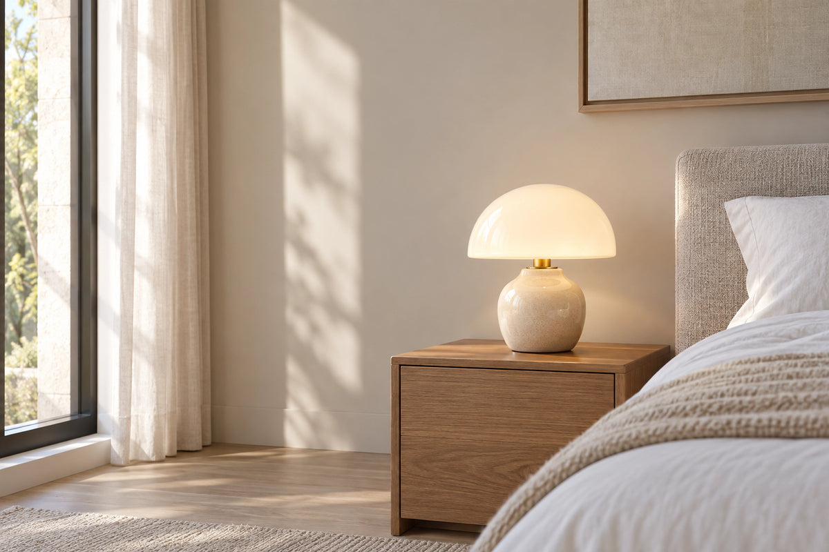 Lampe de chevet beige dans un intérieur lumineux, sous une lumière naturelle