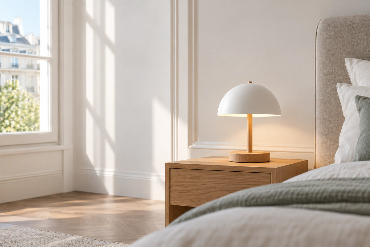 Lampe de chevet blanc et bois dans un intérieur lumineux, sous une lumière naturelle
