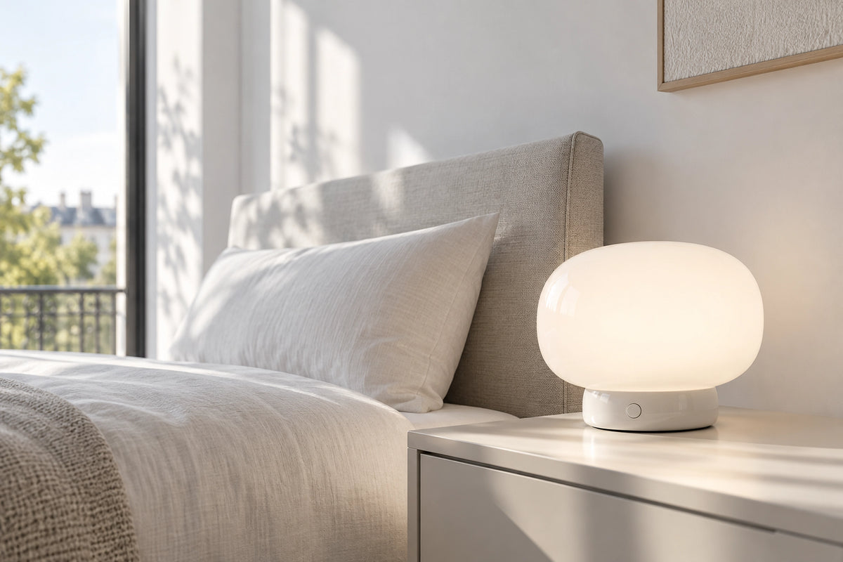 Lampe de chevet blanche dans un intérieur lumineux, sous une lumière naturelle