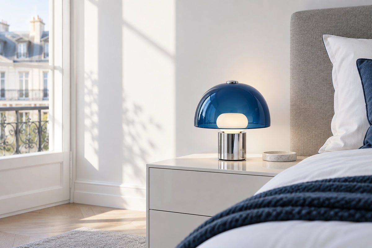 Lampe de chevet bleue dans un intérieur lumineux, sous une lumière naturelle