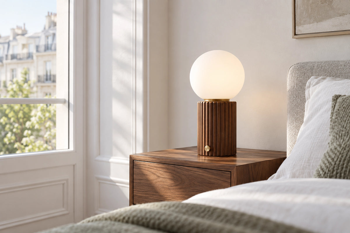 Lampe de chevet bois dans un intérieur lumineux, sous une lumière naturelle
