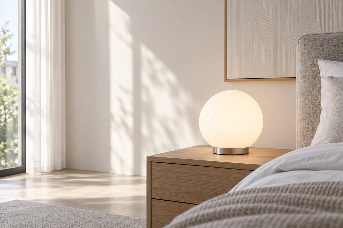 Lampe de chevet boule dans un intérieur lumineux, sous une lumière naturelle