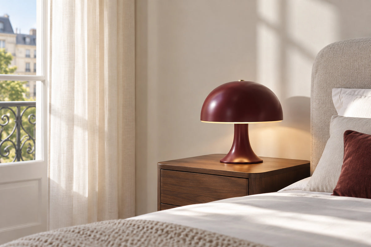 Lampe de chevet champignon dans un intérieur lumineux, sous une lumière naturelle