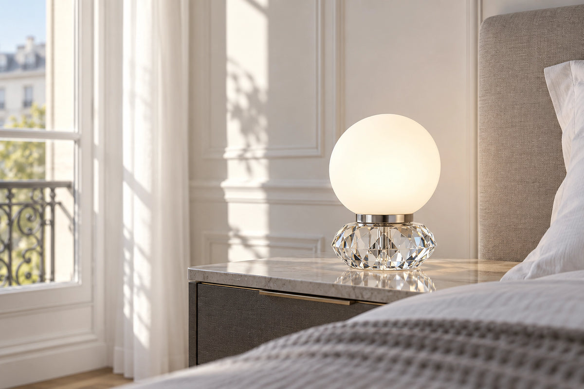 Lampe de chevet cristal dans un intérieur lumineux, sous une lumière naturelle