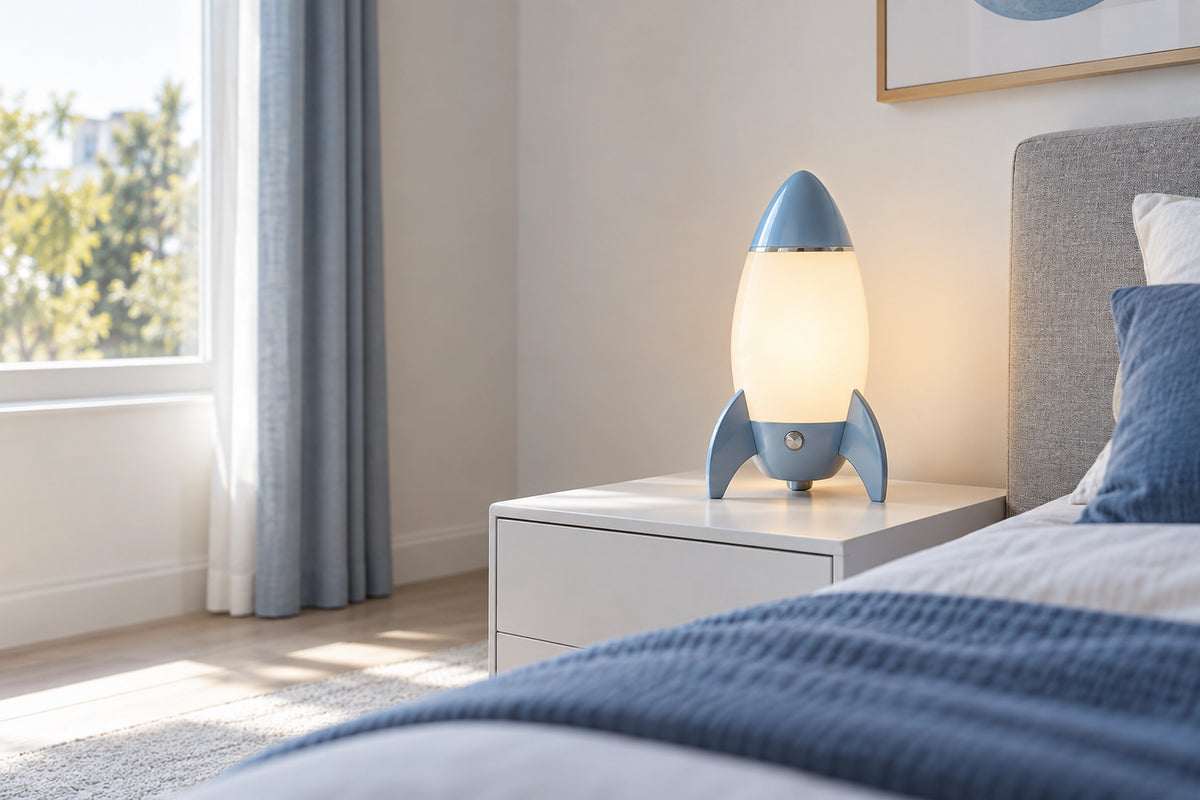 Lampe de chevet enfant dans un intérieur lumineux, sous une lumière naturelle