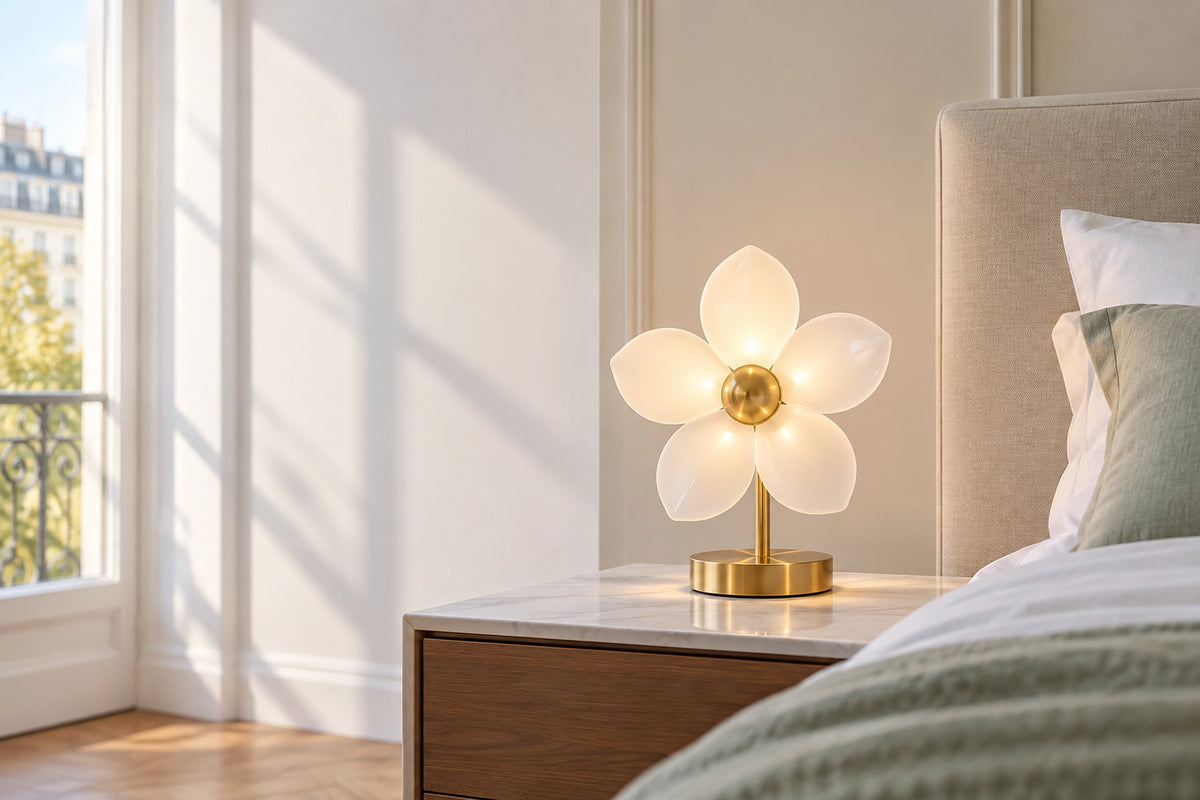 Lampe de chevet fleur dans un intérieur lumineux, sous une lumière naturelle