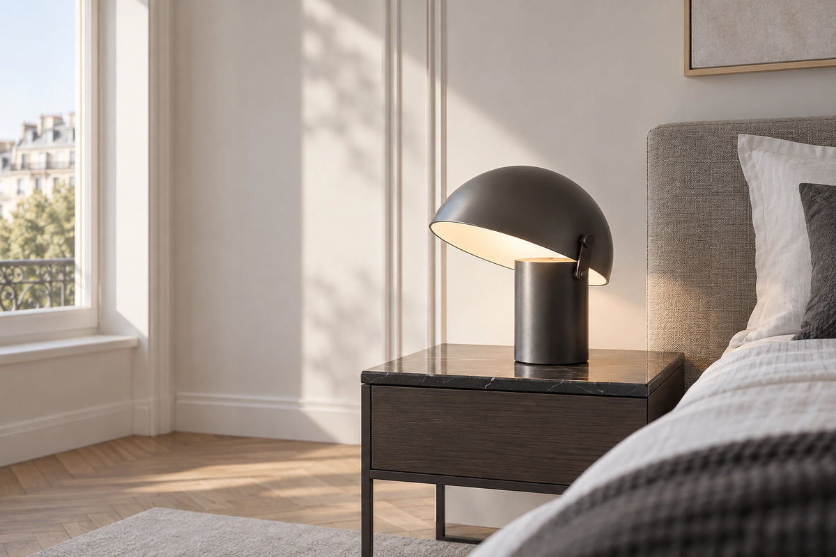 Lampe de chevet grise dans un intérieur lumineux, sous une lumière naturelle