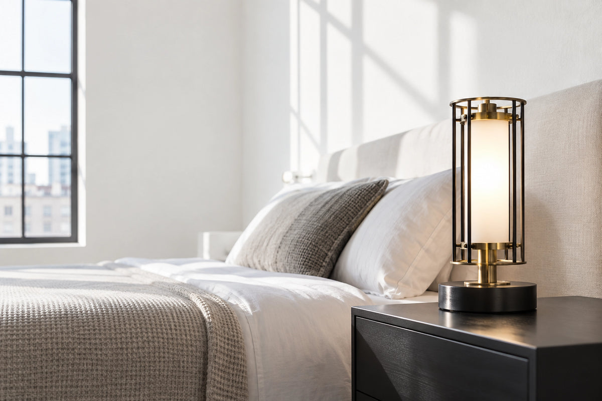 Lampe de chevet industrielle dans un intérieur lumineux, sous une lumière naturelle