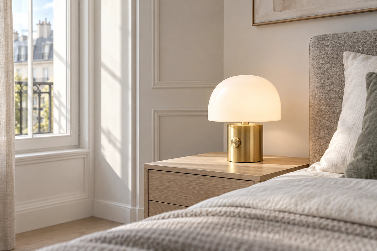 Lampe de chevet à intensité variable dans un intérieur lumineux, sous une lumière naturelle