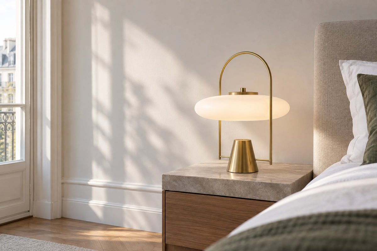 Lampe de chevet laiton dans un intérieur lumineux, sous une lumière naturelle