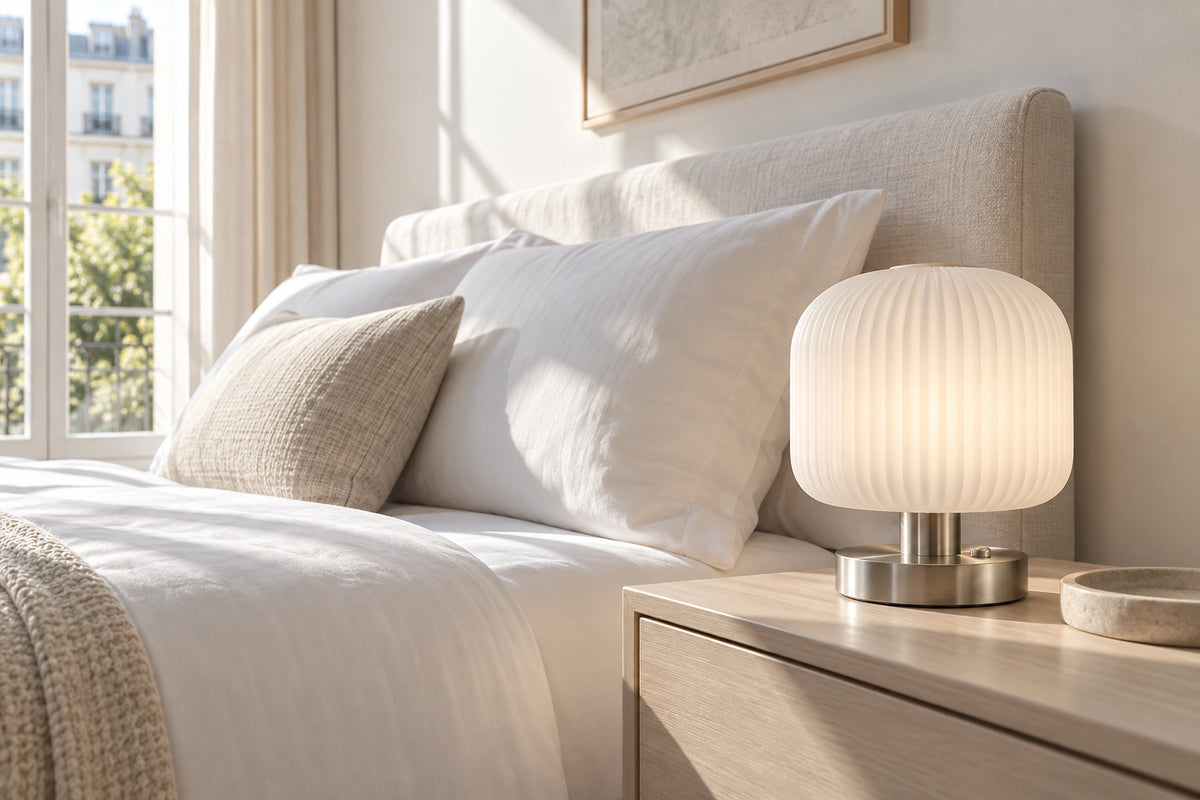 Lampe de chevet dans un intérieur lumineux, sous une lumière naturelle Image