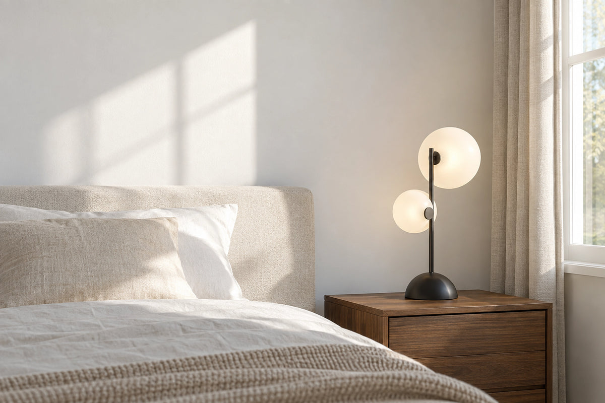 Lampe de chevet moderne dans un intérieur lumineux, sous une lumière naturelle