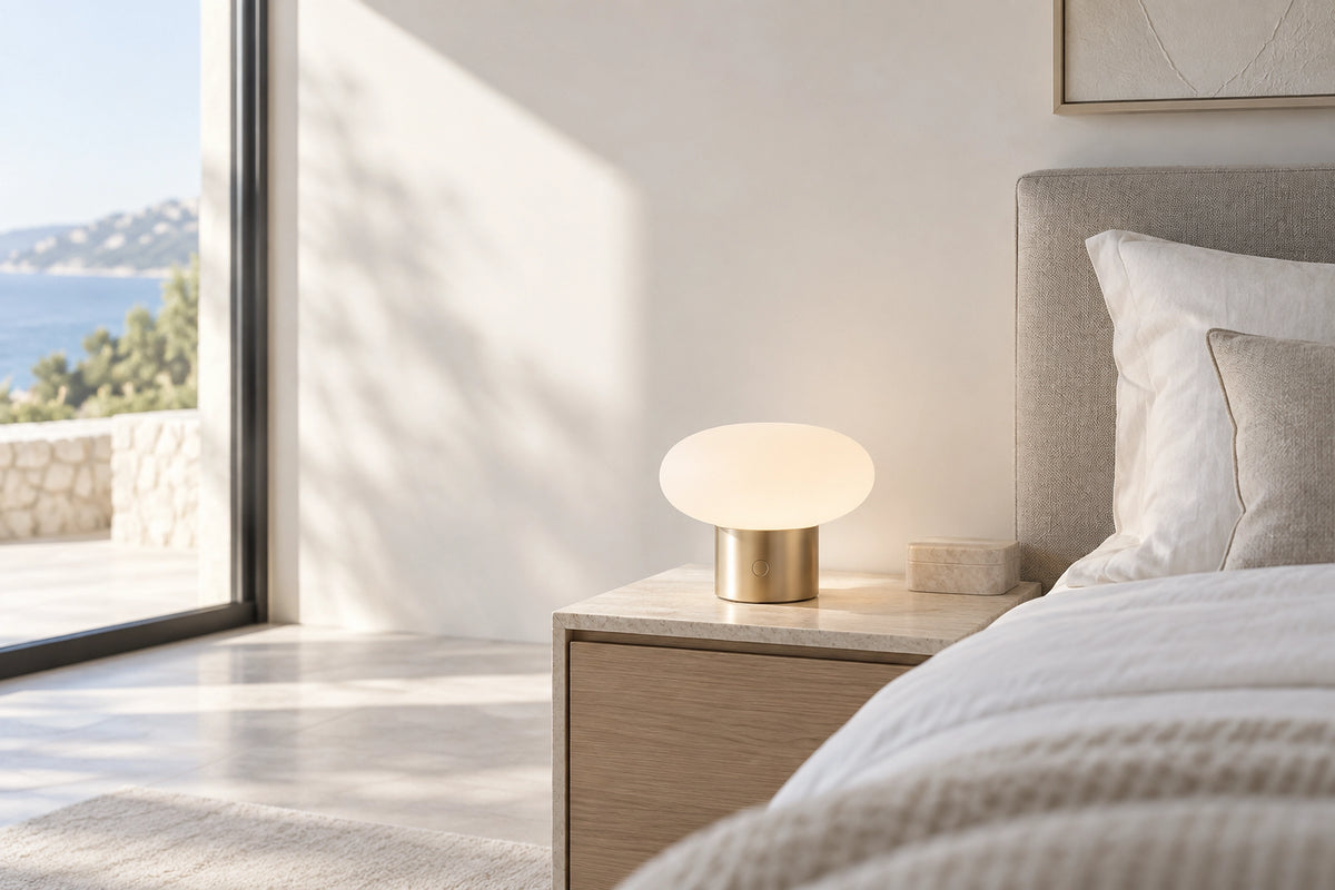 Lampe de chevet rechargeable dans un intérieur lumineux, sous une lumière naturelle