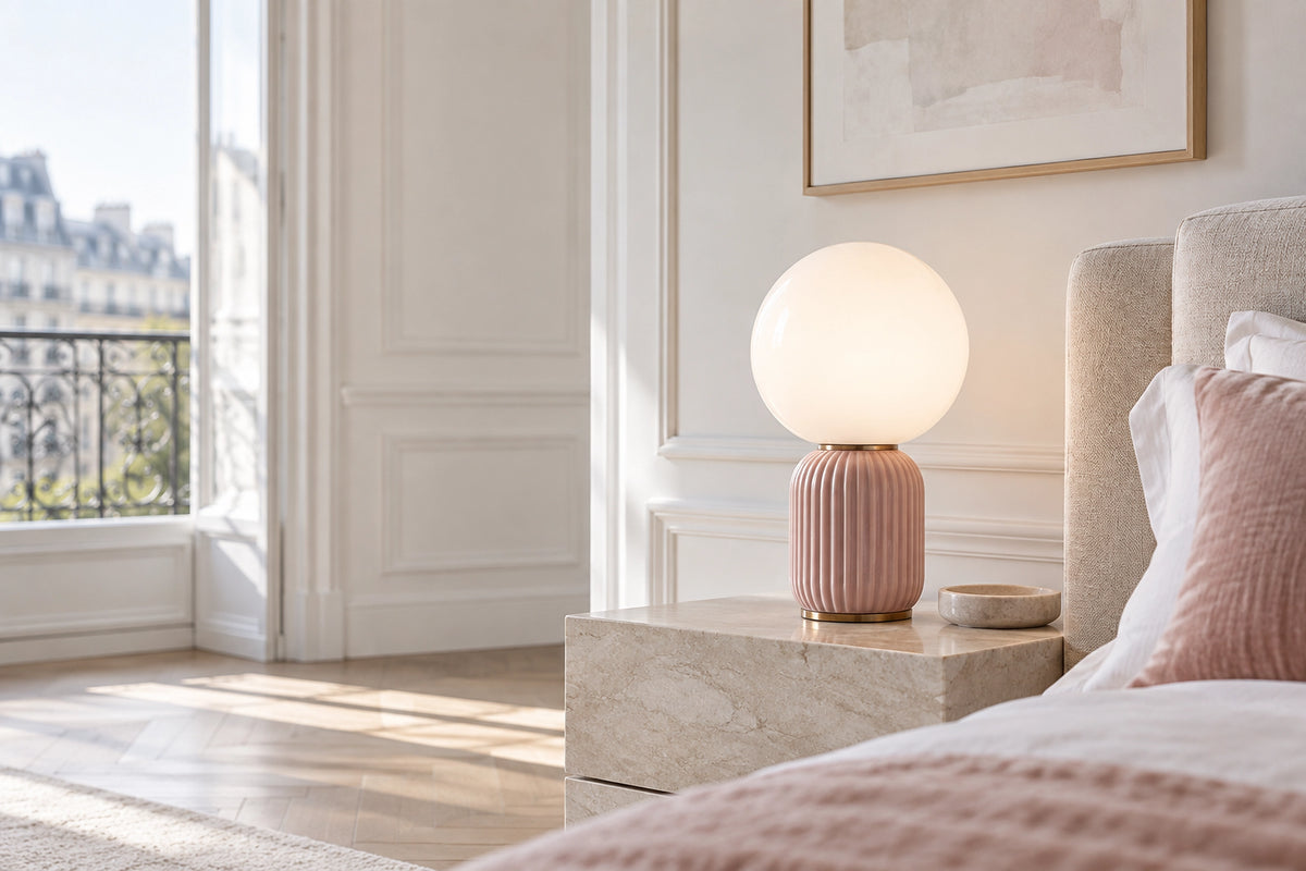 Lampe de chevet rose dans un intérieur lumineux, sous une lumière naturelle