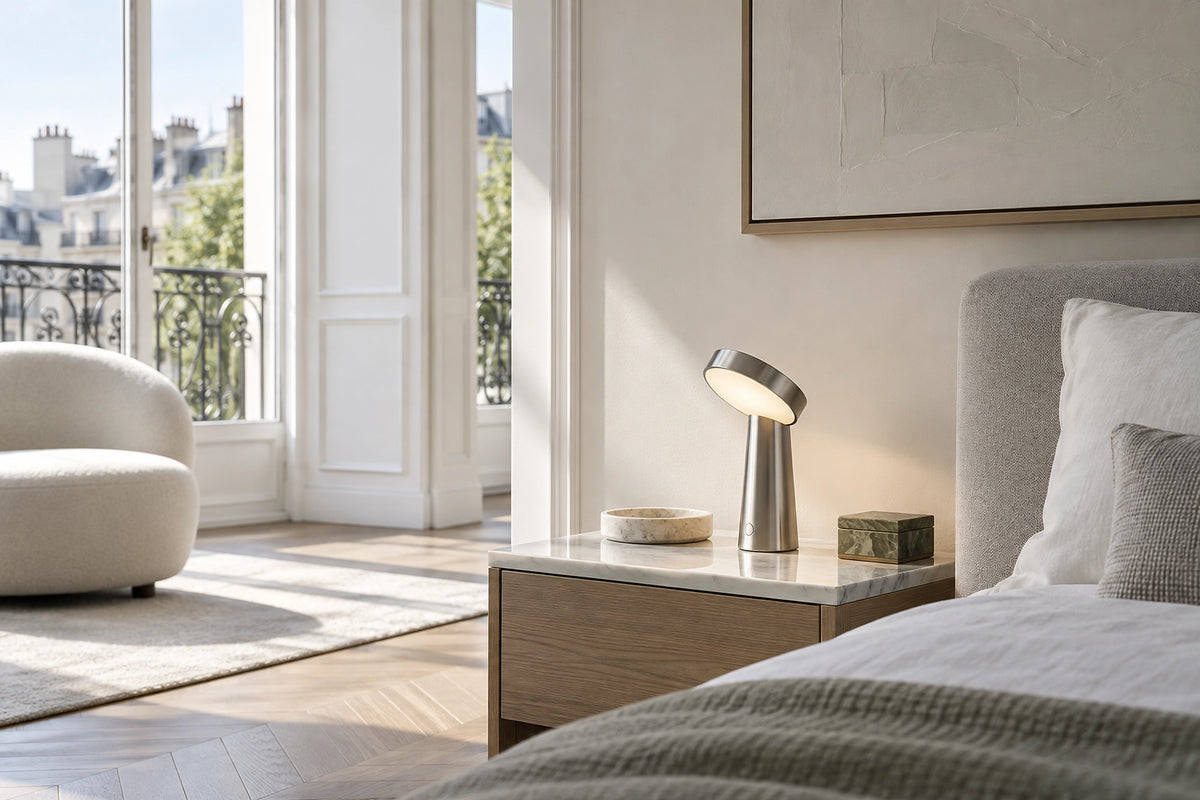 Lampe de chevet sans fil dans un intérieur lumineux, sous une lumière naturelle
