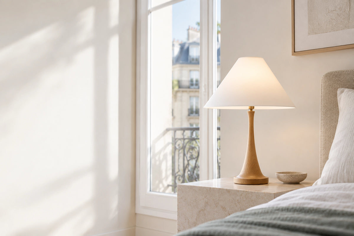 Lampe de chevet scandinave dans un intérieur lumineux, sous une lumière naturelle