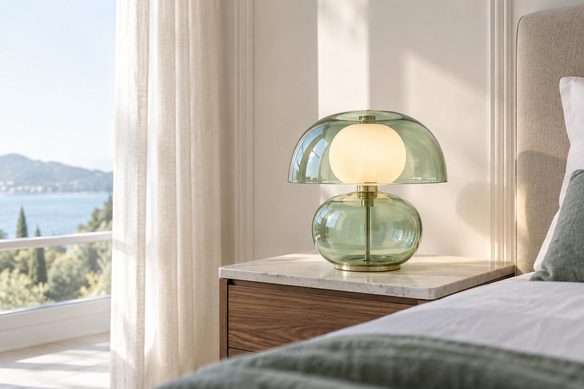 Lampe de chevet en verre dans un intérieur lumineux, sous une lumière naturelle