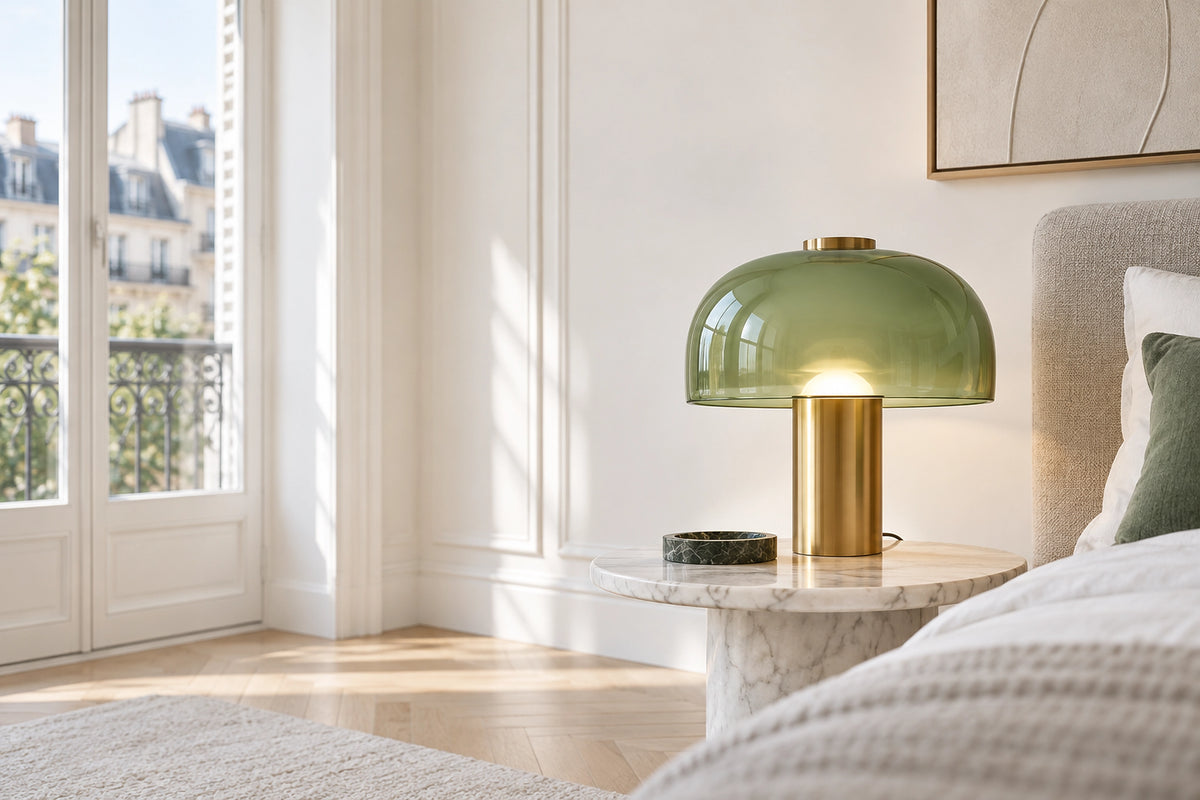 Lampe de chevet verte dans un intérieur lumineux, sous une lumière naturelle