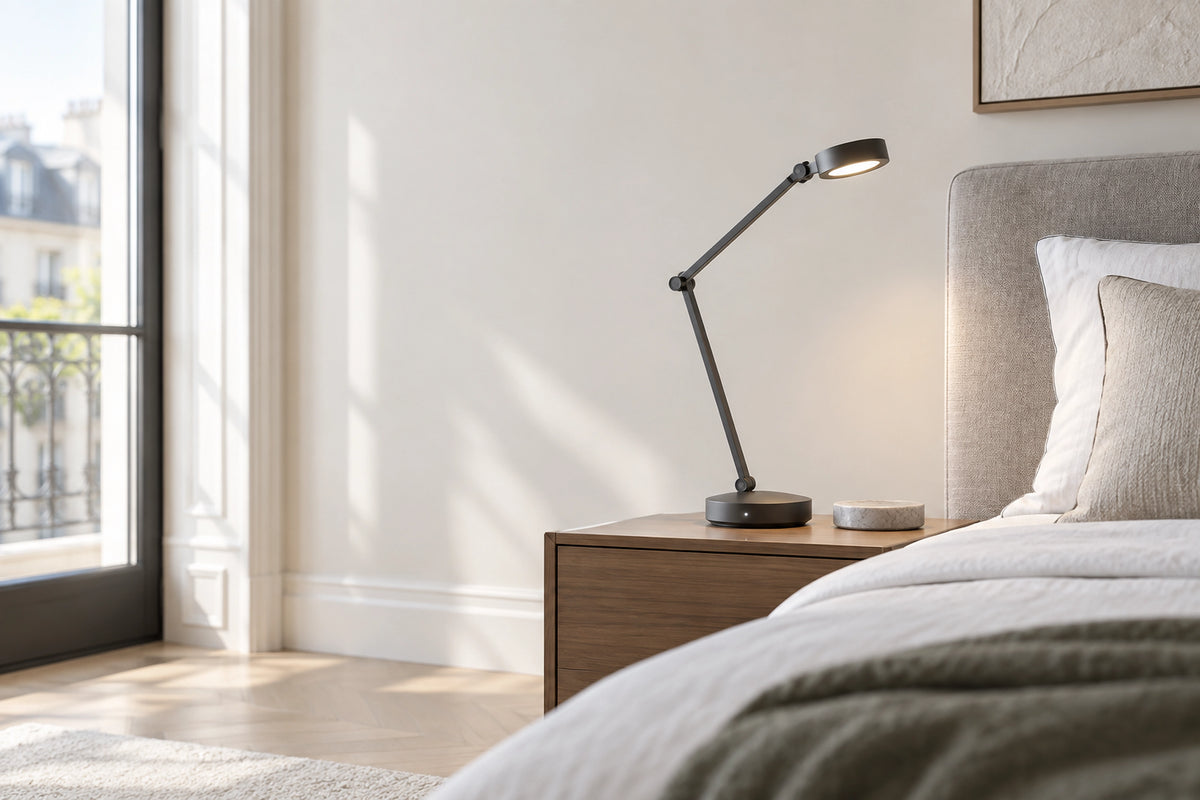 Lampe de lecture rechargeable dans un intérieur lumineux, sous une lumière naturelle