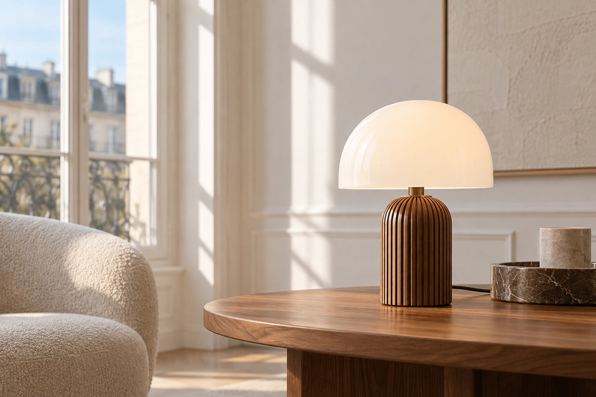 Lampe de table en bois dans un intérieur lumineux, sous une lumière naturelle
