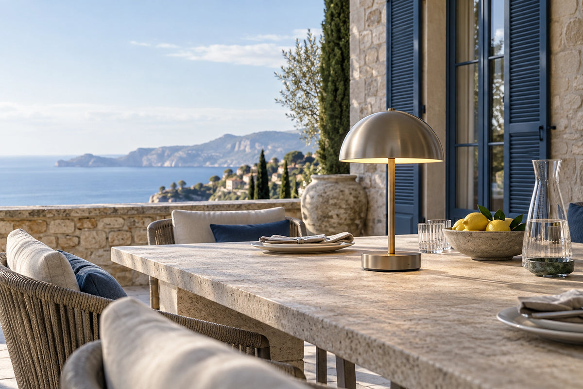 Lampe de table extérieur sur une table de terrasse en pierre, sous une lumière naturelle