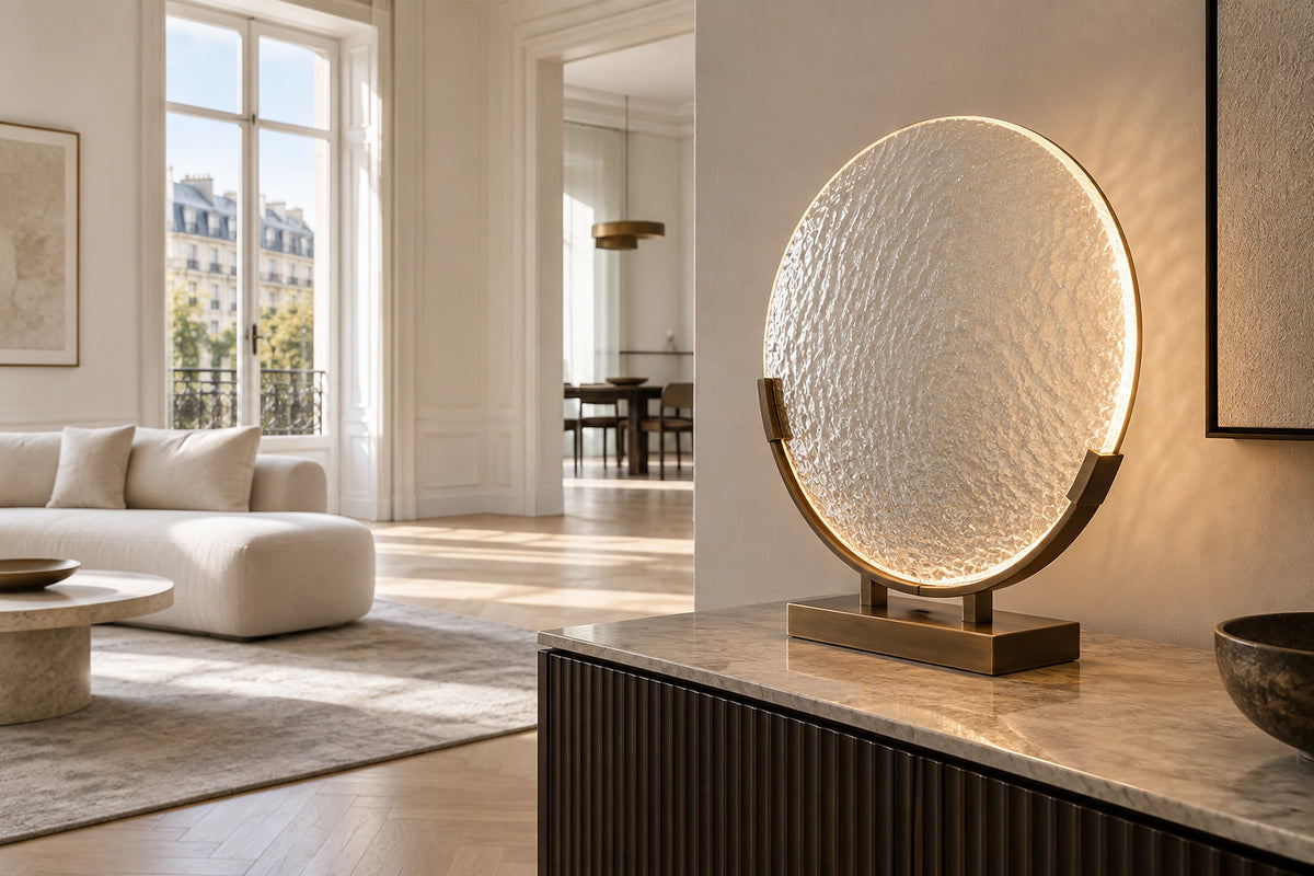 Lampe design salon dans un salon lumineux, sous une lumière naturelle