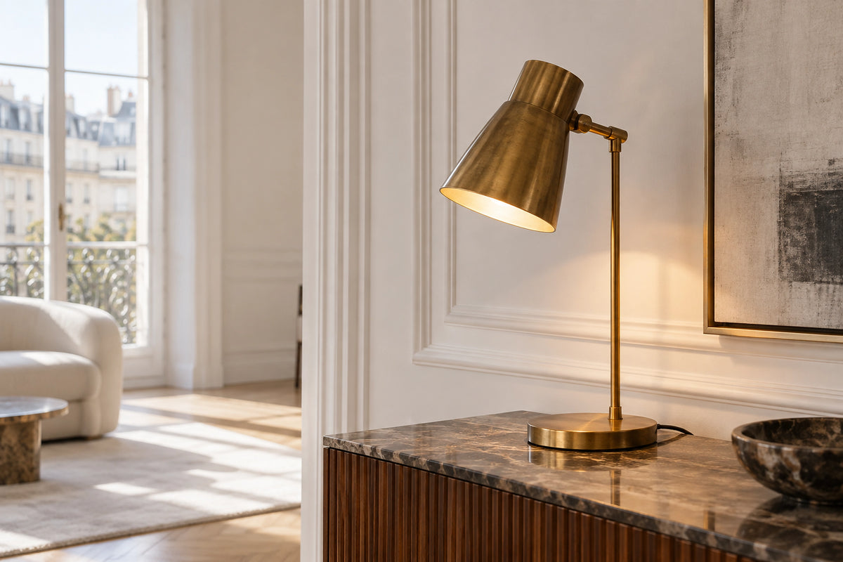 Lampe laiton vintage dans un intérieur lumineux, sous une lumière naturelle