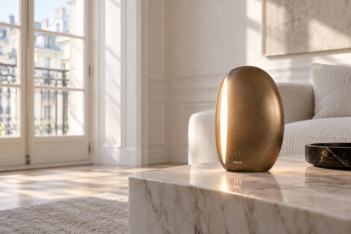 Lampe LED rechargeable dans un intérieur lumineux, sous une lumière naturelle