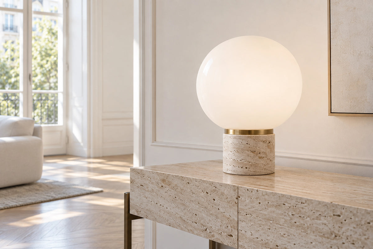 Lampe opaline dans un intérieur lumineux, sous une lumière naturelle