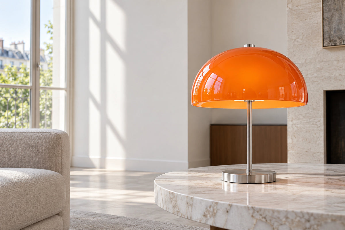 Lampe orange dans un intérieur lumineux, sous une lumière naturelle