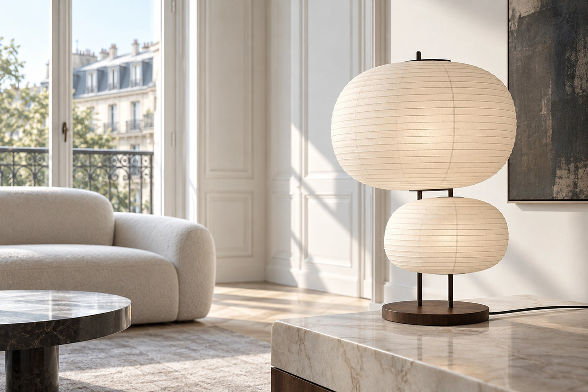 Lampe papier japonais dans un intérieur lumineux, sous une lumière naturelle