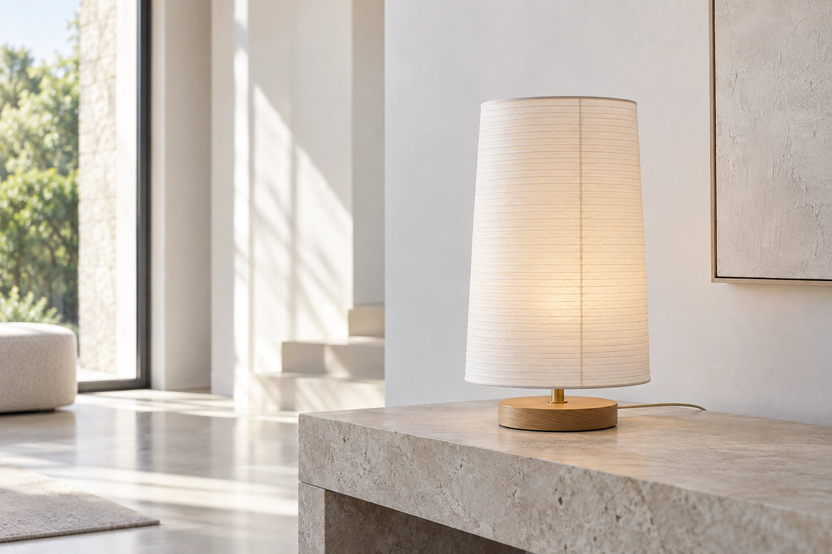 Lampe papier dans un intérieur lumineux, sous une lumière naturelle