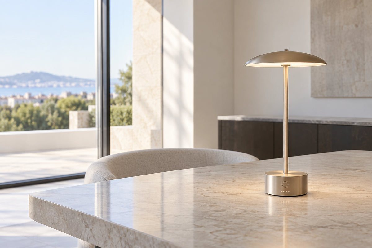 Lampe rechargeable dans un intérieur lumineux, sous une lumière naturelle