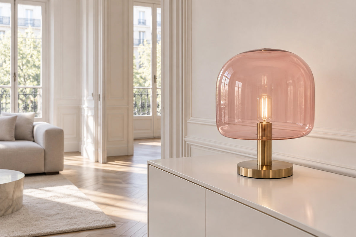 Lampe rose dans un intérieur lumineux, sous une lumière naturelle
