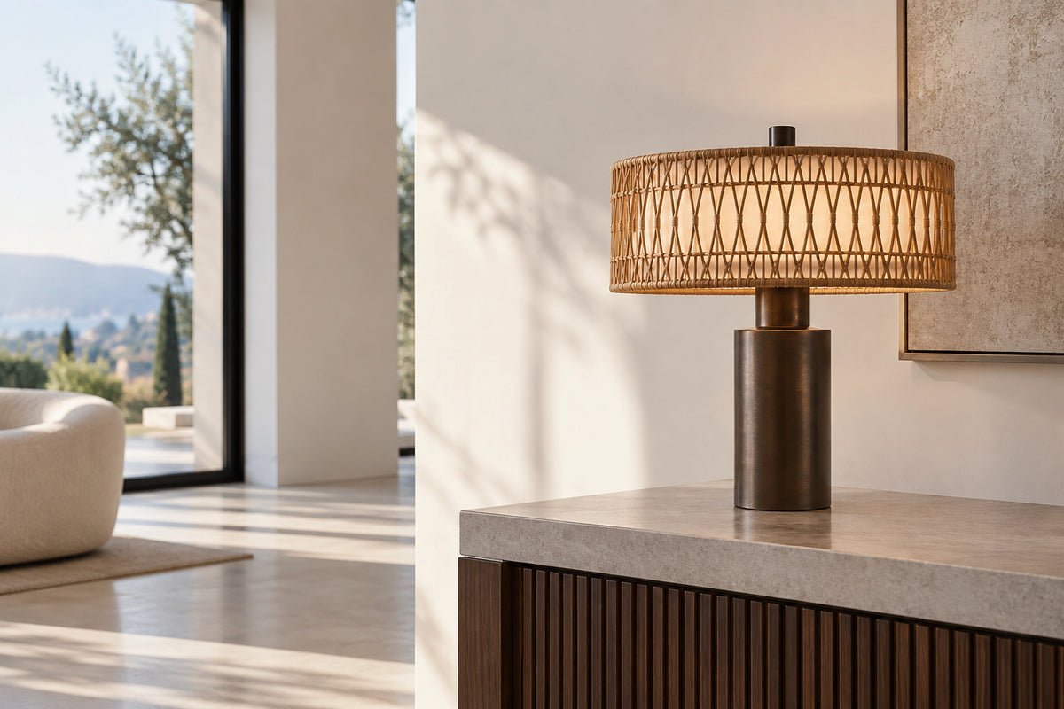 Lampe rotin dans un intérieur lumineux, sous une lumière naturelle