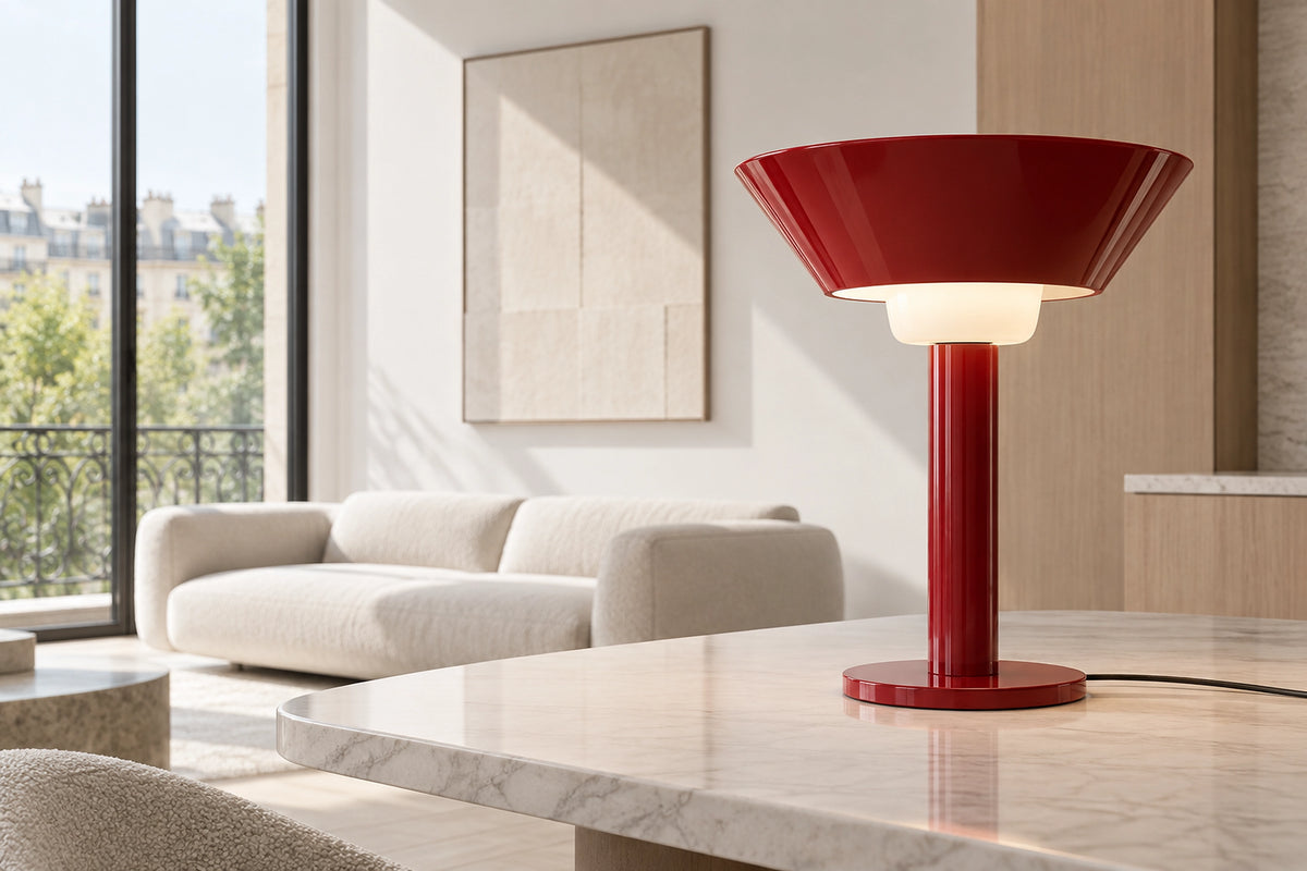 Lampe rouge dans un intérieur lumineux, sous une lumière naturelle