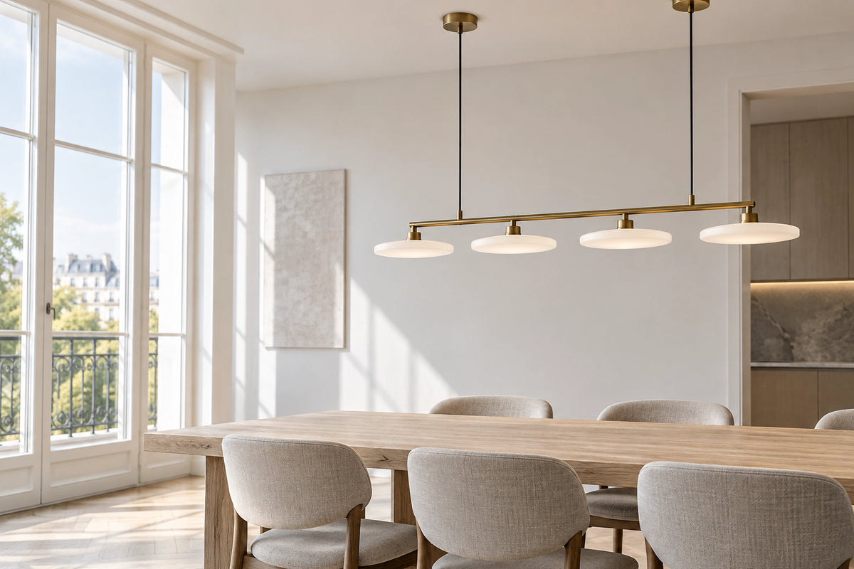 Lampe salle a manger dans une salle à manger lumineuse, sous une lumière naturelle