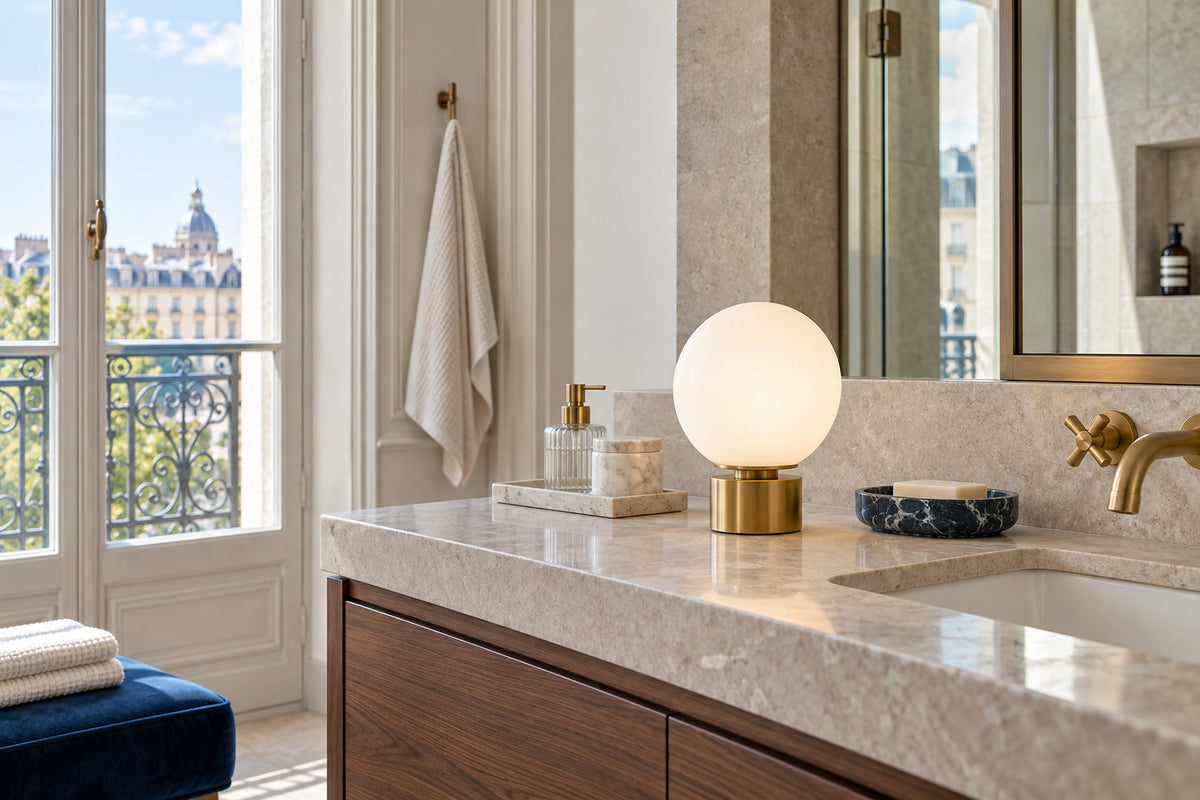 Lampe salle de bain à globe opalin sur un meuble vasque en noyer, près d’une grande fenêtre