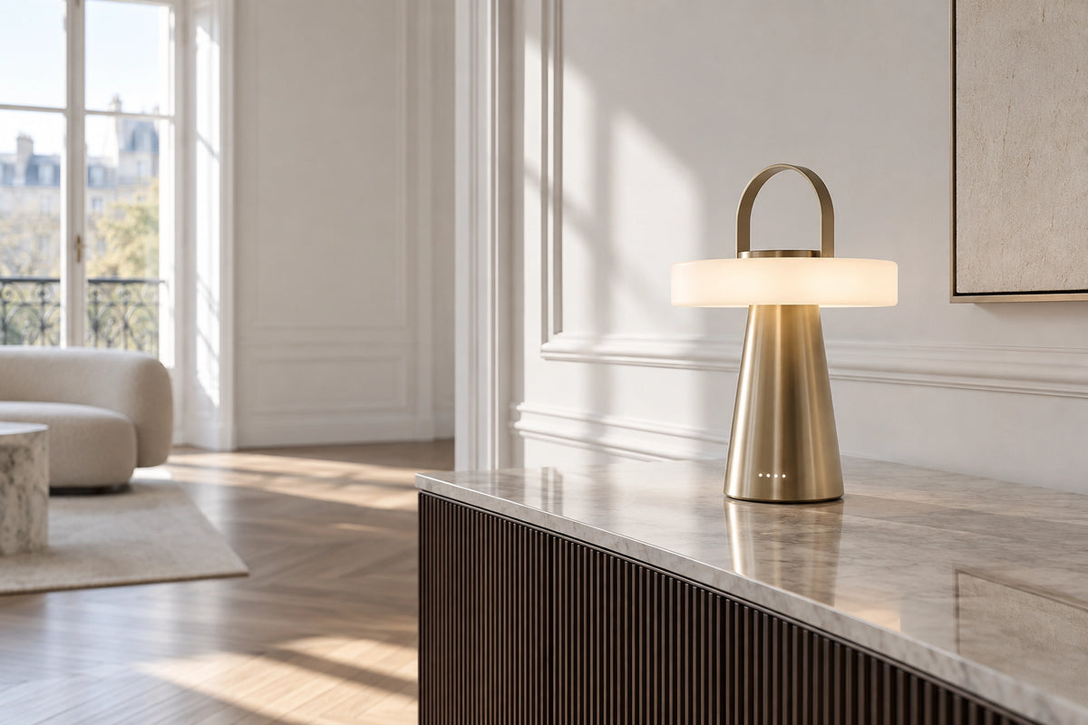 Lampe sans fil rechargeable dans un intérieur lumineux, sous une lumière naturelle