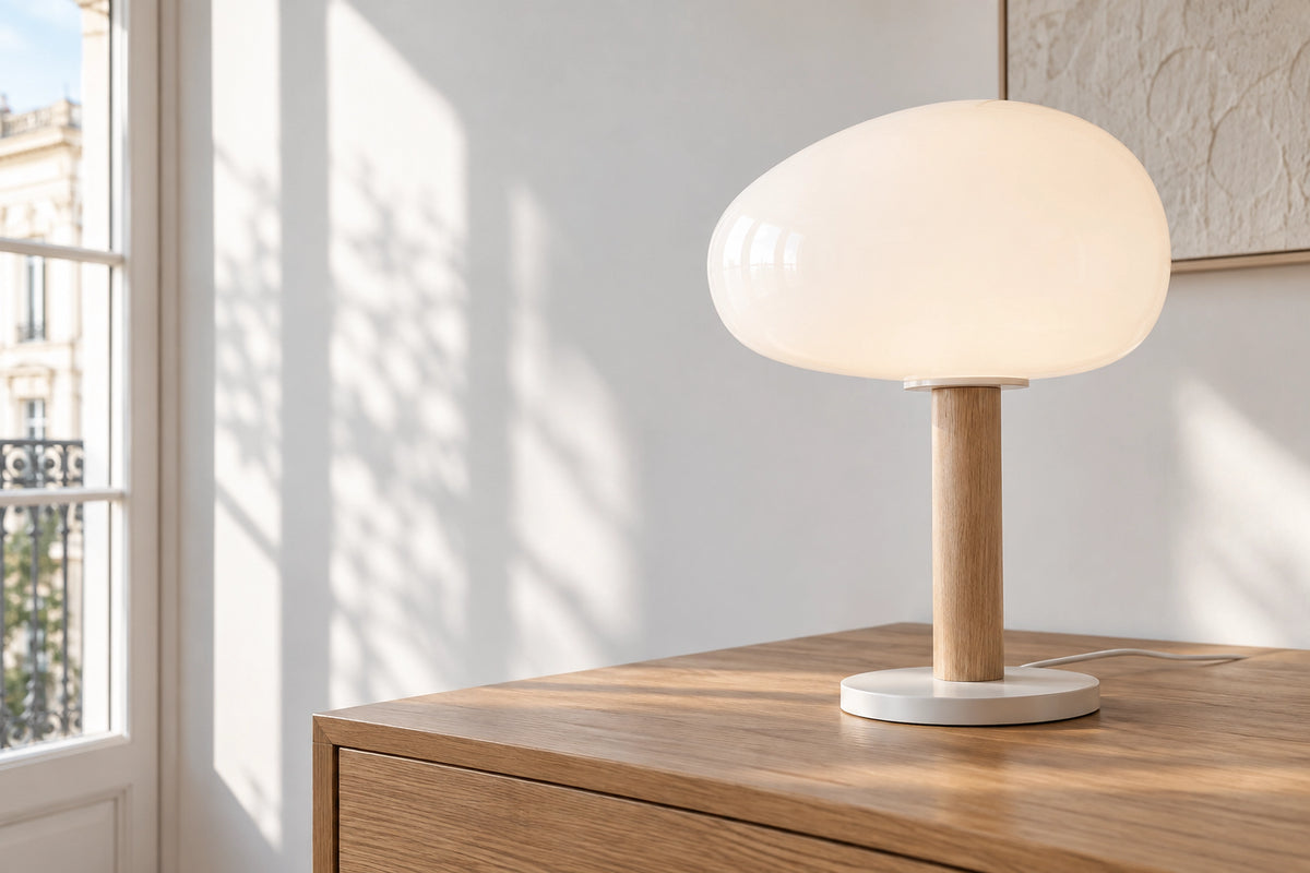 Lampe scandinave dans un intérieur lumineux, sous une lumière naturelle
