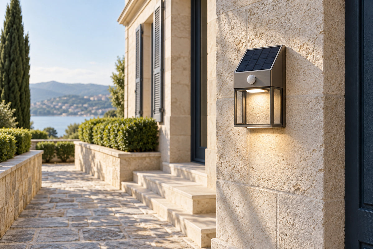 Lampe solaire détecteur de mouvement avec panneau intégré dans un extérieur en pierre claire, en plein jour