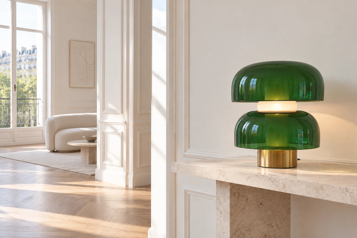 Lampe verte dans un intérieur lumineux, sous une lumière naturelle