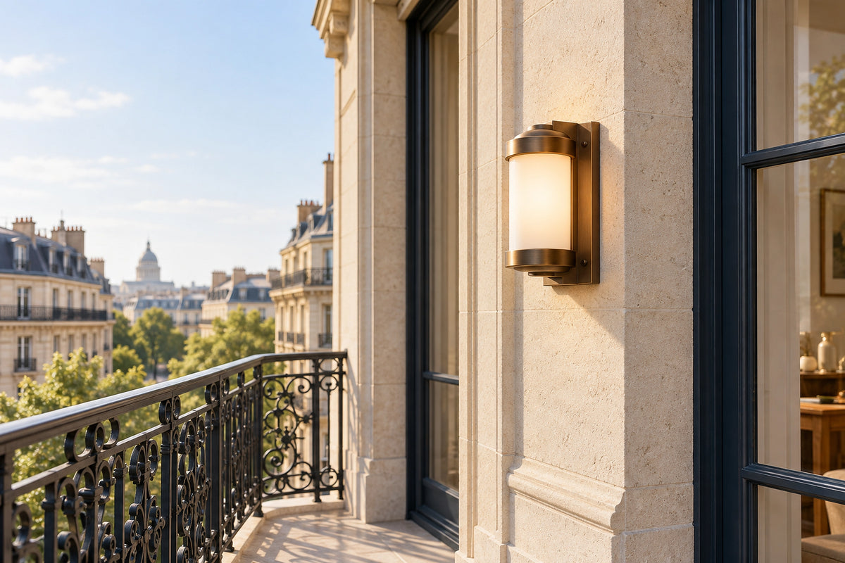 Luminaire balcon fixé sur un balcon urbain en pierre, sous une lumière naturelle