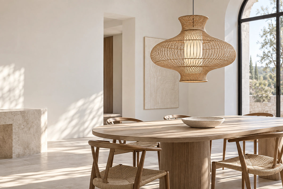 Luminaire bohème dans un intérieur lumineux, sous une lumière naturelle