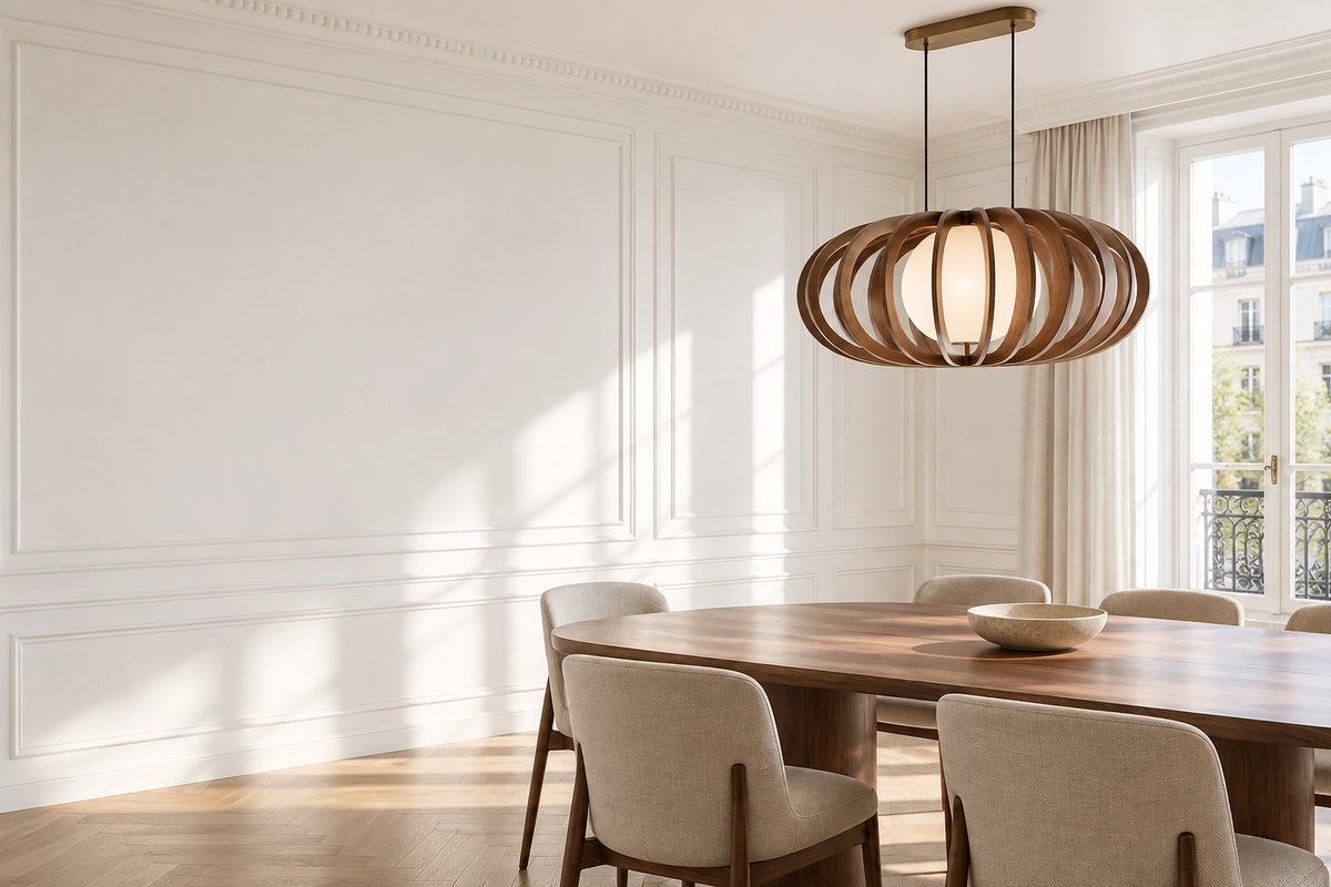 Luminaire bois dans un intérieur lumineux, sous une lumière naturelle