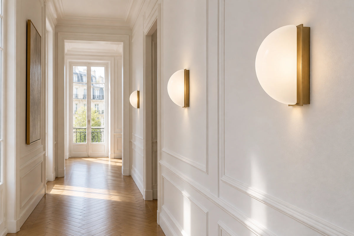 Luminaire couloir dans un couloir lumineux, sous une lumière naturelle